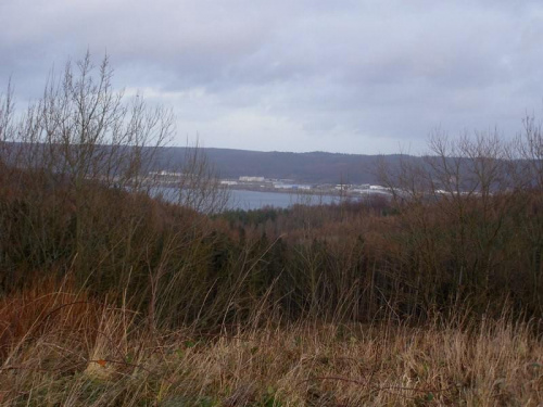 Widok z górnego zbiornika na wschodni brzeg jeziora Żarnowieckiego.