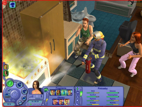 Pożar !!! Bartek Gzrejniczek (mój) Nina Kaliante i strażak w mojej kuchni. :D #Sims2 #Zwierzaki